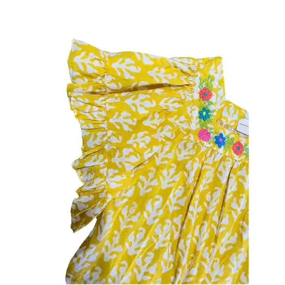 Sister Mary Beautiful Ruffle Sleeve Top Sz Medium Embroidered Yellow Boho Cotton